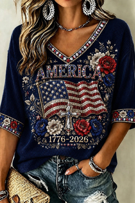 Women's Vintage Independence Day Flag Flower Art V-neck Casual T-shirt