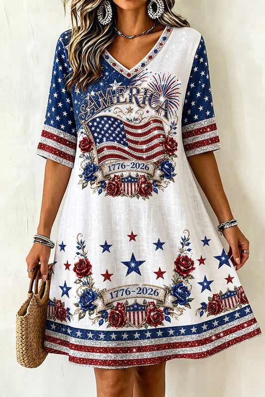 Women's Vintage Retro Independence Day Anniversary Print Art Print Linen Mini Dress