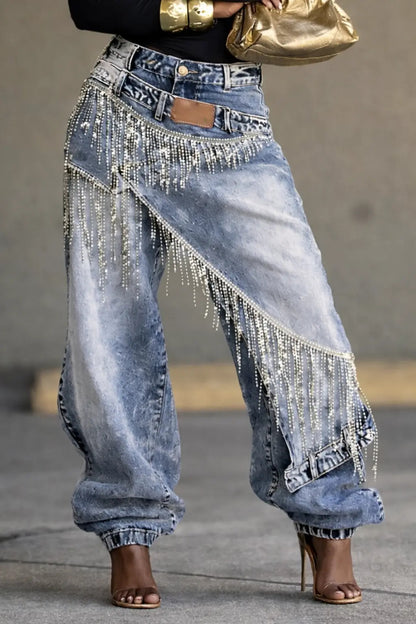 Rhinestone Tassel Faux Two-piece Jeans