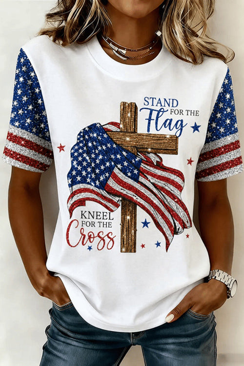 Women's Independence Day Faith Flag Print Crew Neck Short Sleeve T-shirt