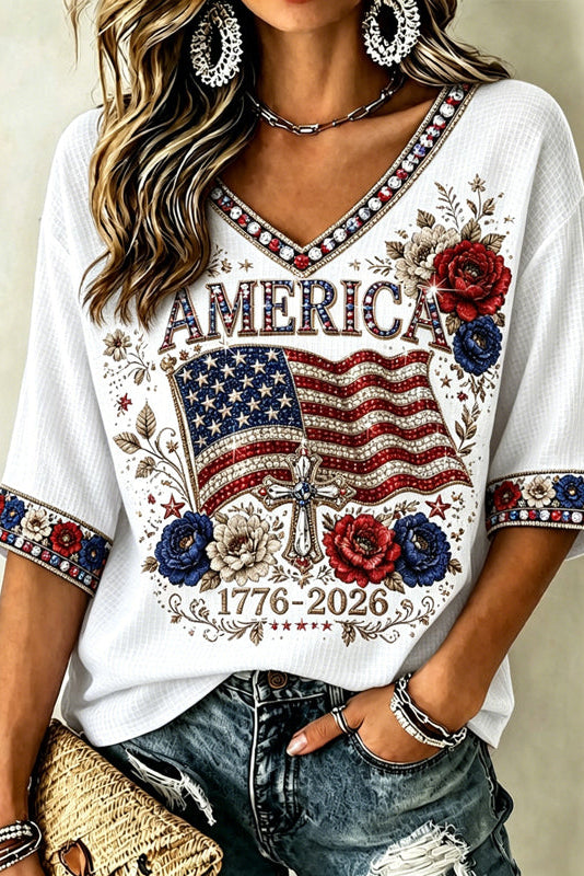 Women's Vintage Independence Day Flag Flower Art V-neck Casual T-shirt