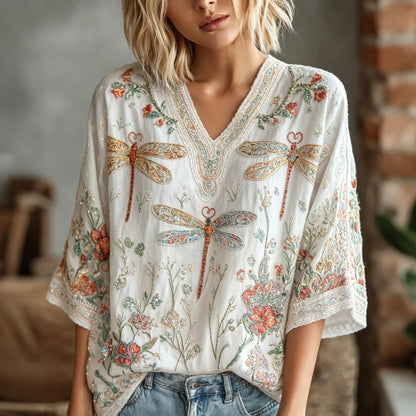 Women's Hippie Floral And Dragonfly In Patchwork Pattern Art Embroidered Linen Blend Mid-length Shirts