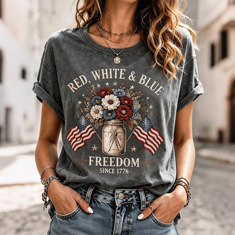 Women's Vintage Independence Day Print Crew Neck Short Sleeve T-shirt