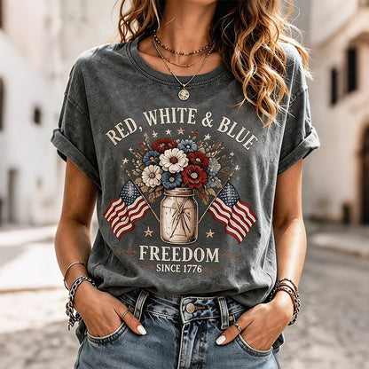 Women's Vintage Independence Day Print Crew Neck Short Sleeve T-shirt
