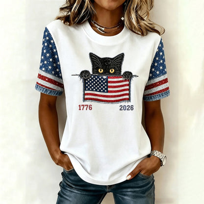 Women's Cute Black Cat With Independence Day Anniversary Pattern T-shirt
