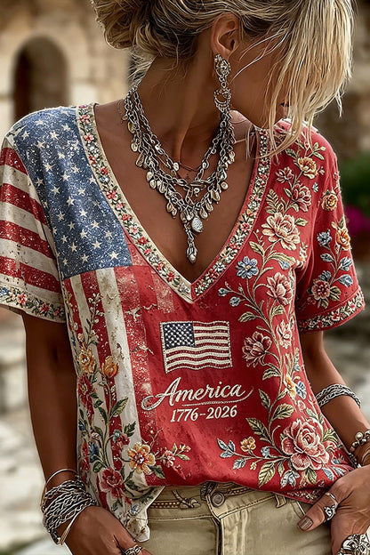 Vintage American Flag And Floral Embroidery Art Casual Washed V-neck Short Sleeve Top