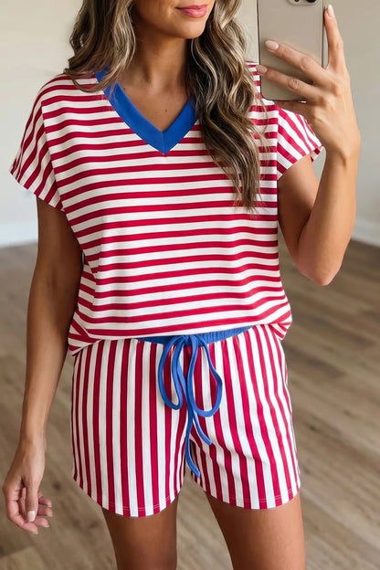 Stripe Colorblock Trim V Neck Tee Drawstring Elastic Waist Short Set