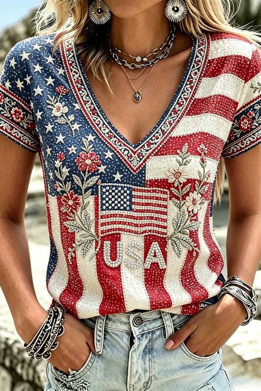 Women's America Hot Drill Floral Art Print Casual T-shirt