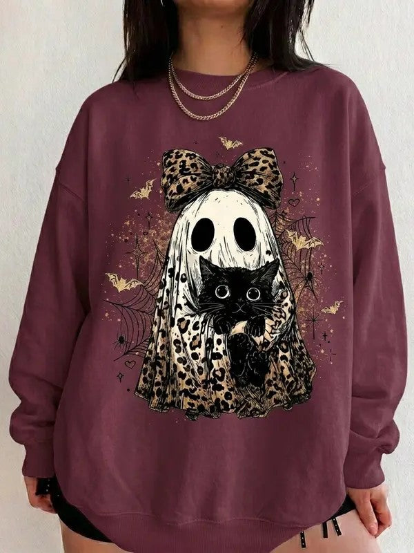 Vintage Halloween Leopard Bow Ghost Black‑Cat Sweatshirt