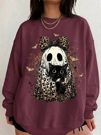 Vintage Halloween Leopard Bow Ghost Black‑Cat Sweatshirt