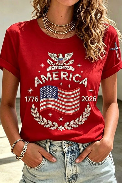 Women's Anniversary Flag Hot Diamond Print Casual T-shirt