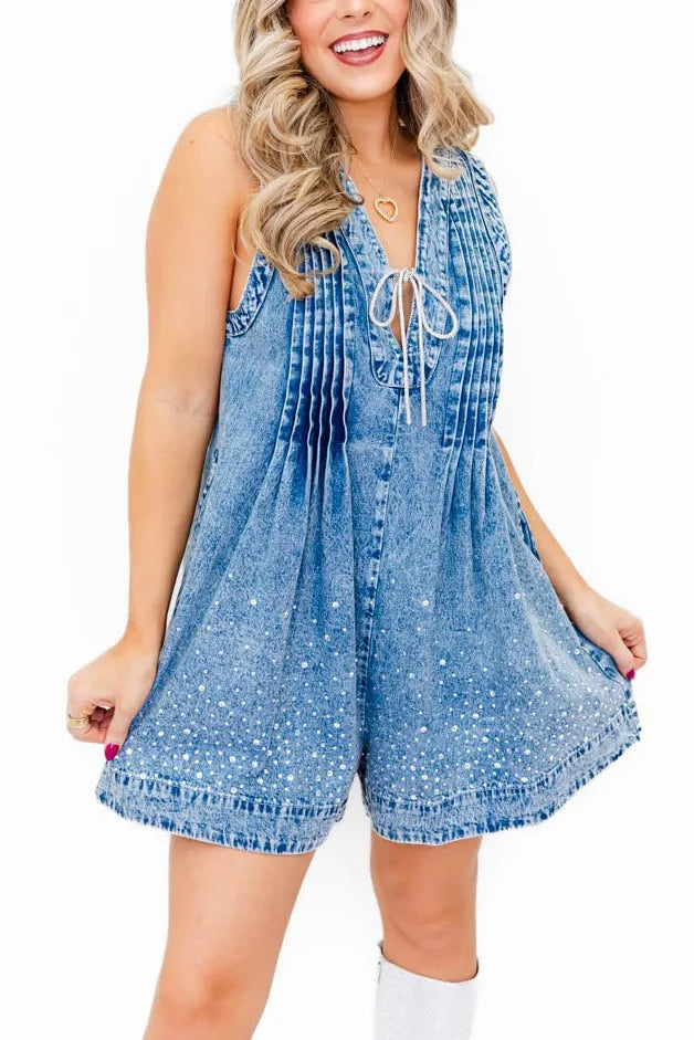 Women's Sparkly Rhinestone Denim Romper