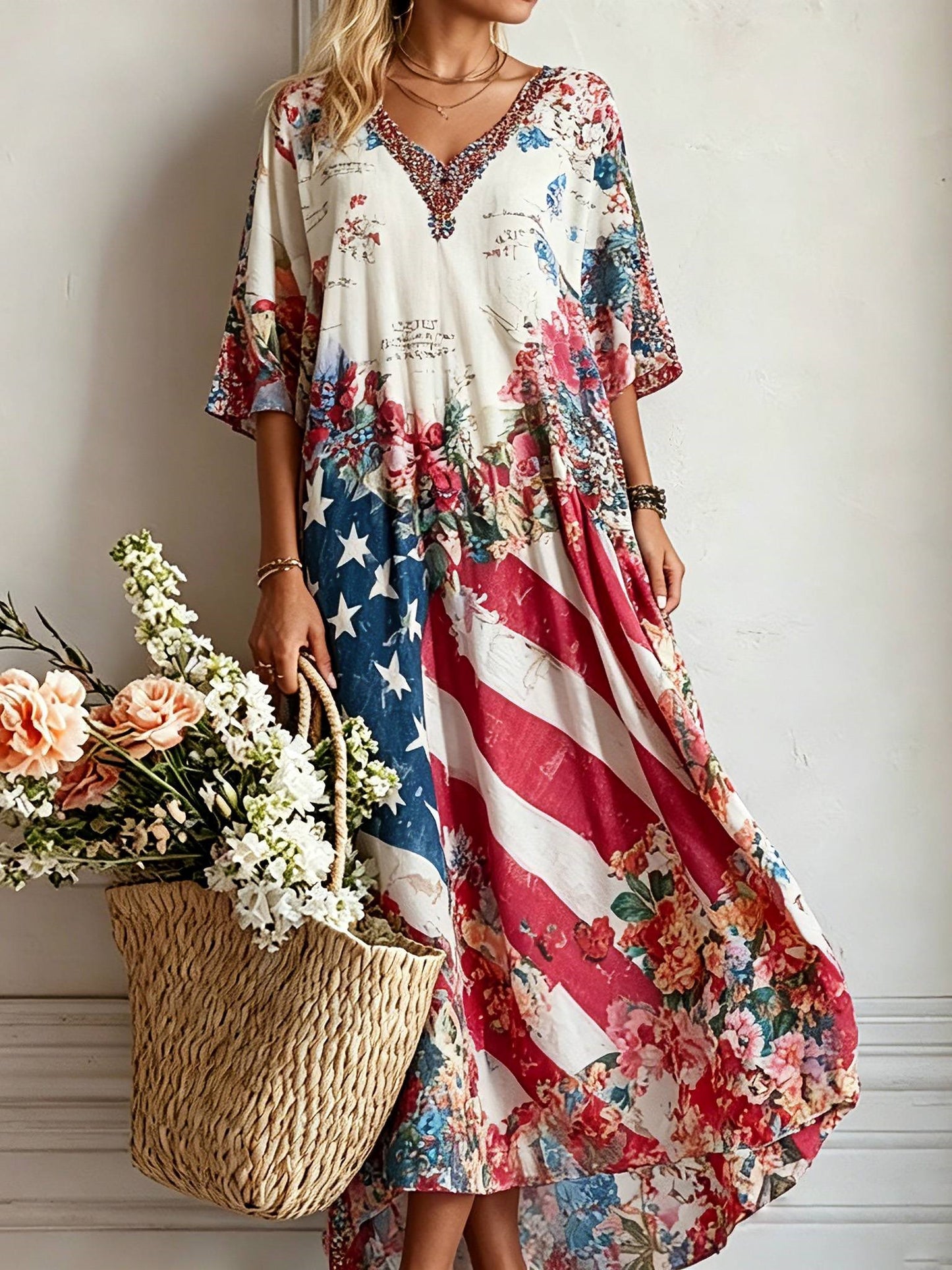 Women's Retro American Flag Floral Print Comfortable Cotton Linen V-neck Dress