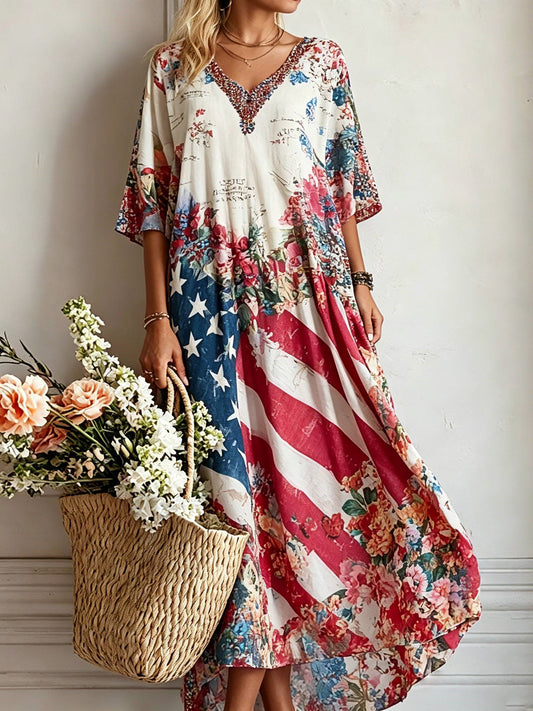 Women's Retro American Flag Floral Print Comfortable Cotton Linen V-neck Dress