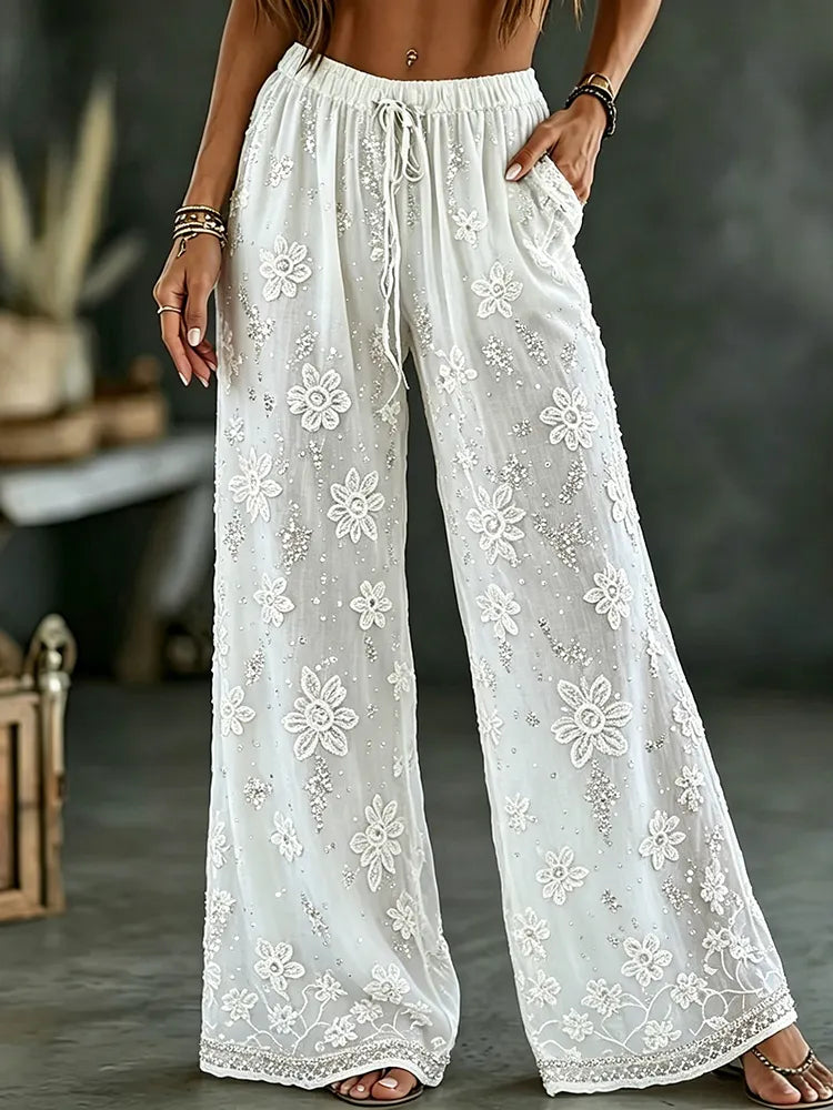 womens rose art linen blend pants