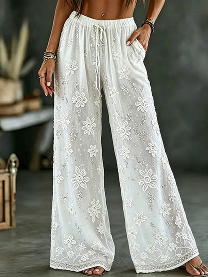 womens rose art linen blend pants
