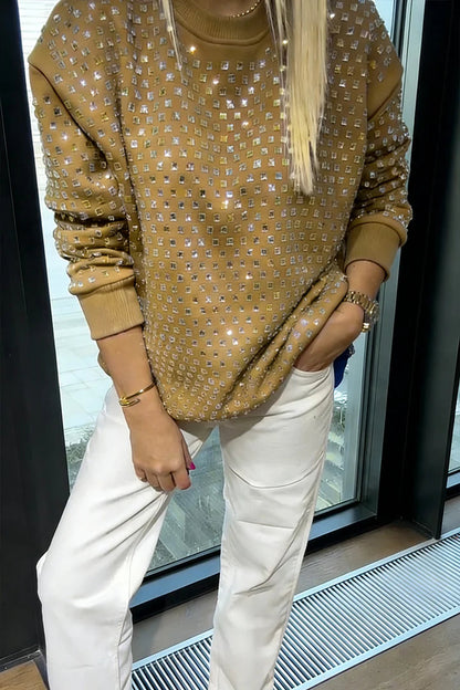 Women's Crew Neck Rhinestone Casual Sweatshirt