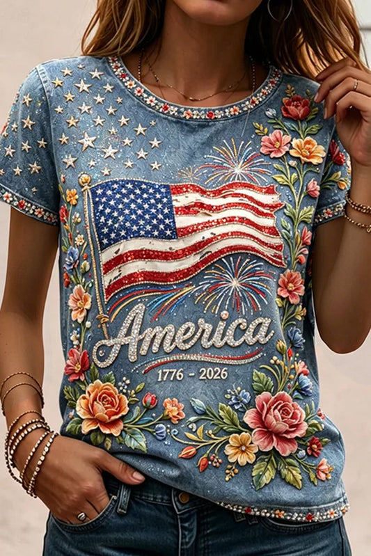 Women's Vintage American Anniversary Flag And Floral Casual Crew Neck Cotton Linen Short Sleeve Top