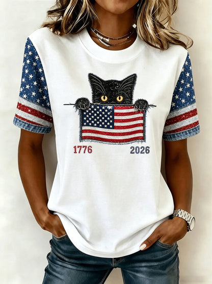 Women's Cute Black Cat With Independence Day Anniversary Pattern T-shirt