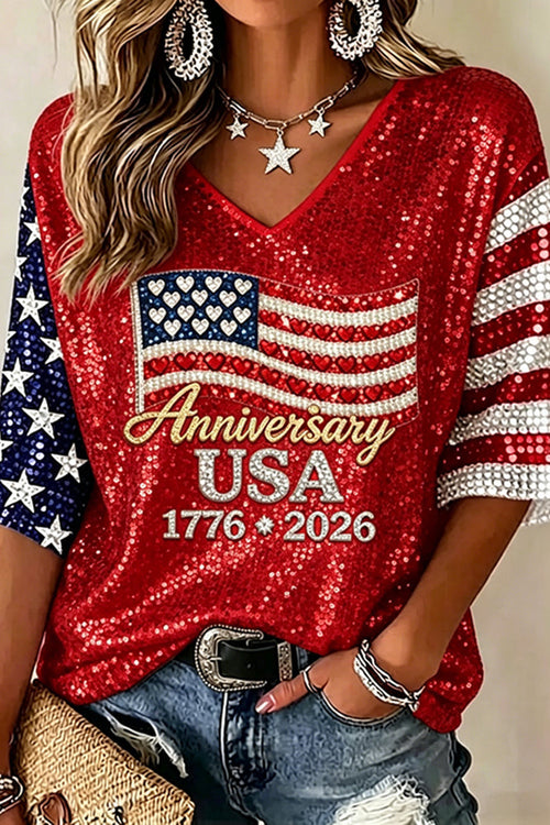 Women's Usa Anniversary Sequins Print V-neck T-shirt