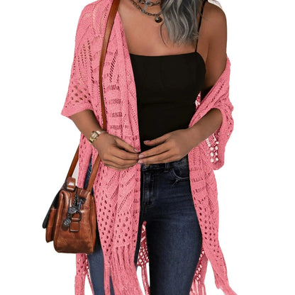 🔥Women’s Oversized Knit Cardigan – Lightweight Crochet Tassel Kimono for Spring & Summer 🌸