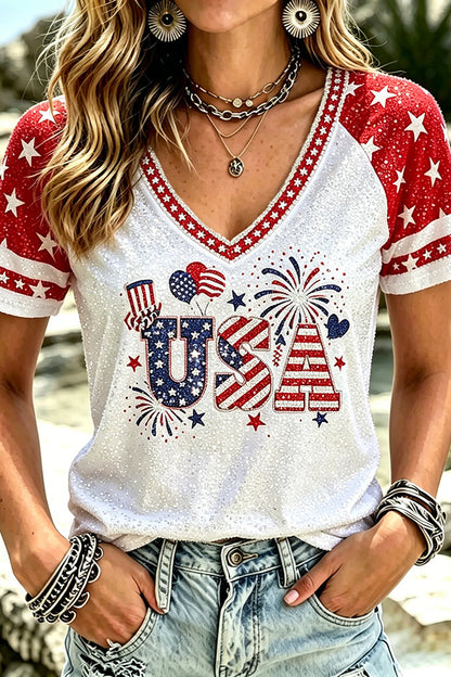 Women's Independence Day Printed V Neck Casual Tops