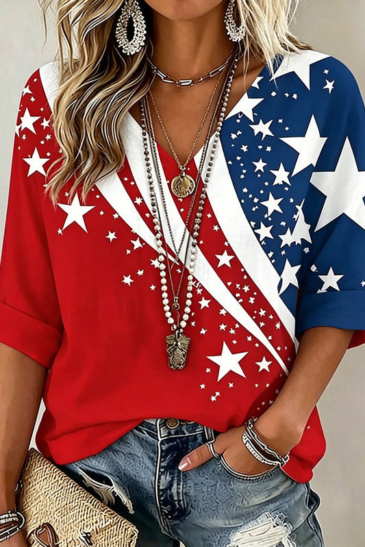 Women's  Flag Art Three-quarter Sleeve V Neck Linen Tops