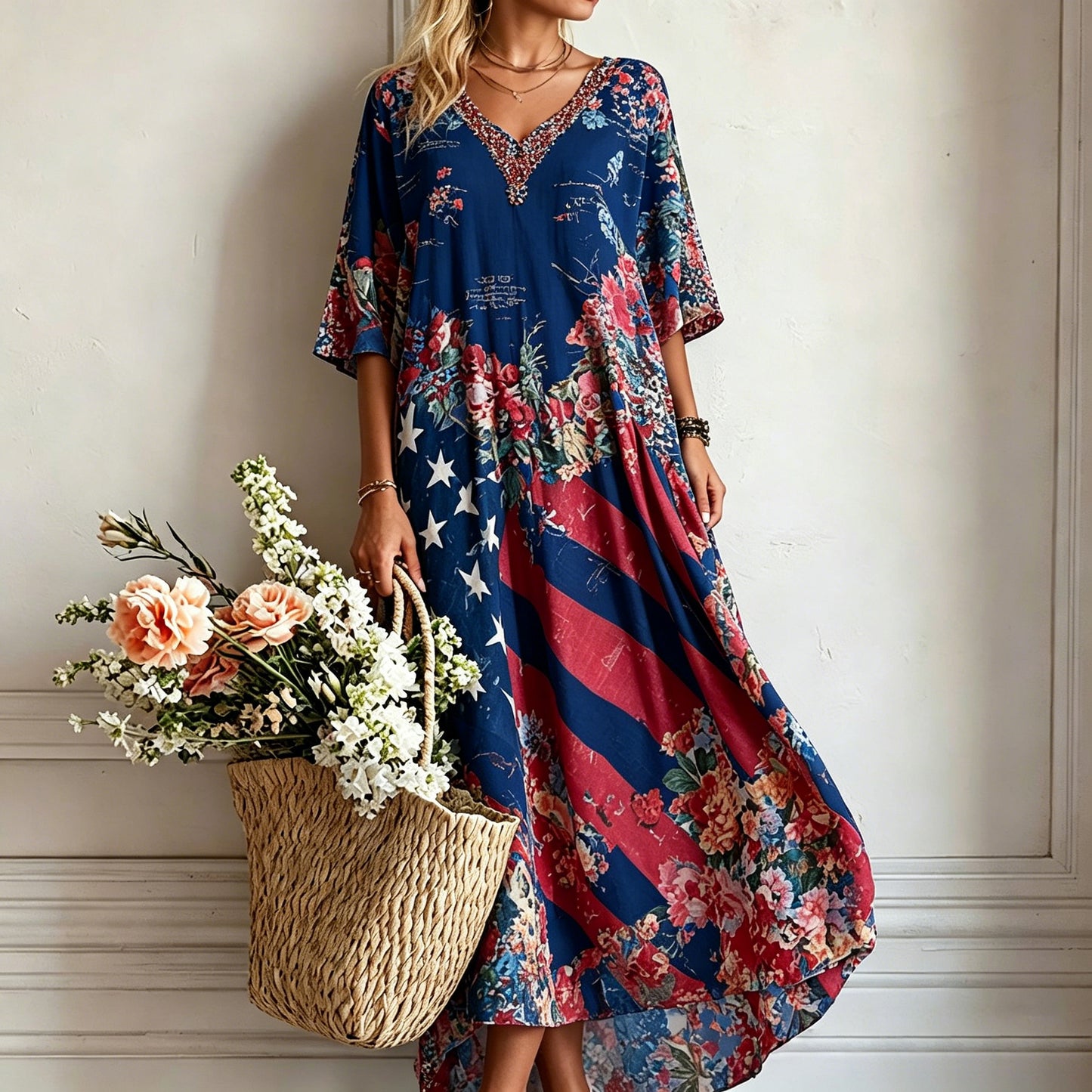 Women's Retro American Flag Floral Print Comfortable Cotton Linen V-neck Dress