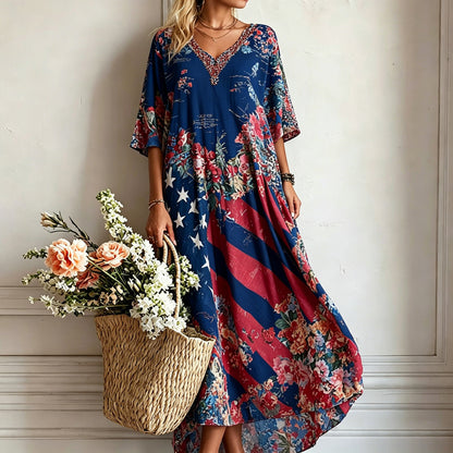 Women's Retro American Flag Floral Print Comfortable Cotton Linen V-neck Dress