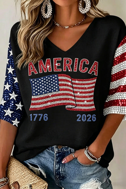 Women's Flag Art Three-quarter Sleeve V Neck Linen Tops