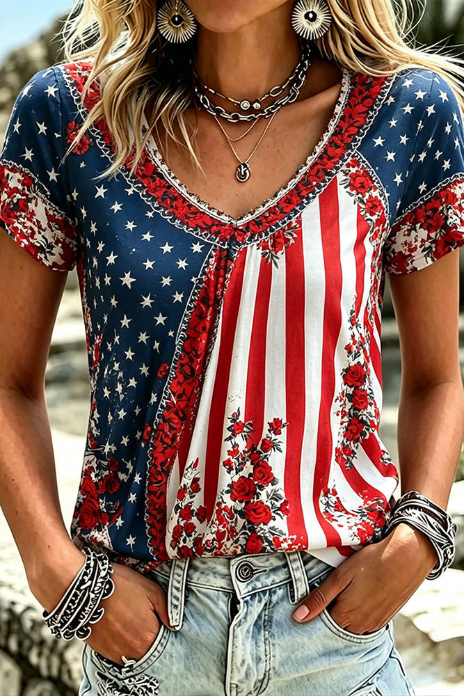 Women's Retro Independence Day Flag Embroidery Casual T-shirt