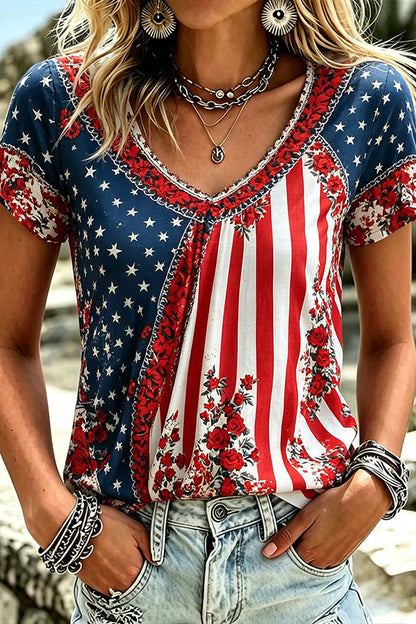Women's Retro Independence Day Flag Embroidery Casual T-shirt
