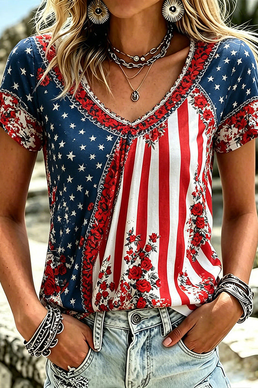 Women's Retro Independence Day Flag Embroidery Casual T-shirt