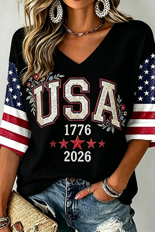 Women's Independence Day Art Three-quarter Sleeve V Neck Linen Tops