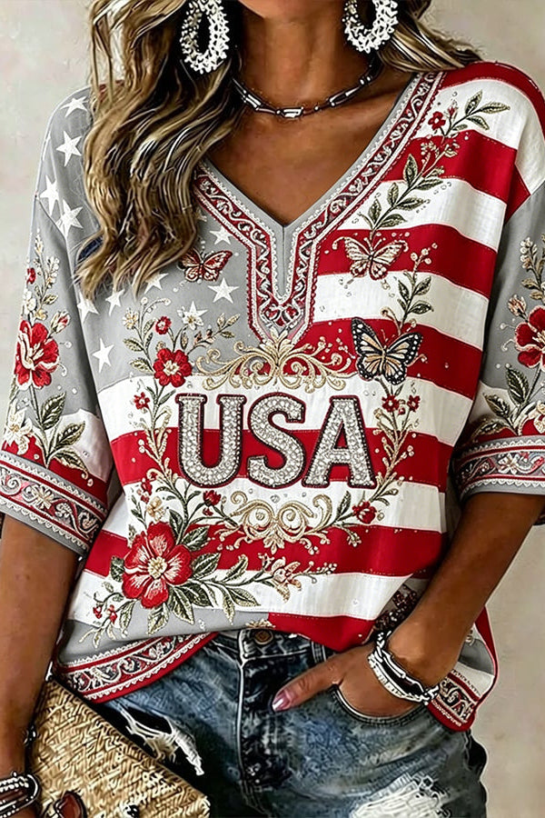 Vintage Usa Anniversary Art Casual V Neck T Shirt