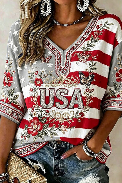 Vintage Usa Anniversary Art Casual V Neck T Shirt