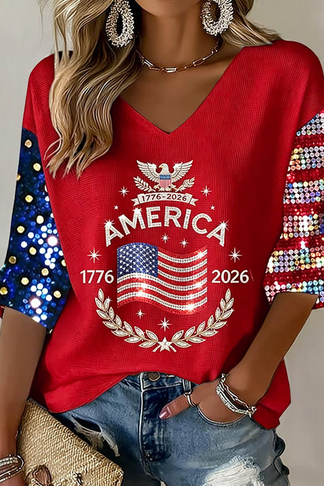 Women's Flag Art Three-quarter Sleeve V Neck Linen Tops