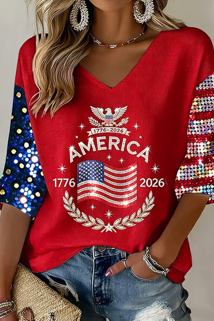 Women's Flag Art Three-quarter Sleeve V Neck Linen Tops