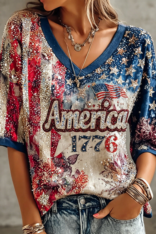 Women's Retro American Flag And Floral Print V-neck T-shirt