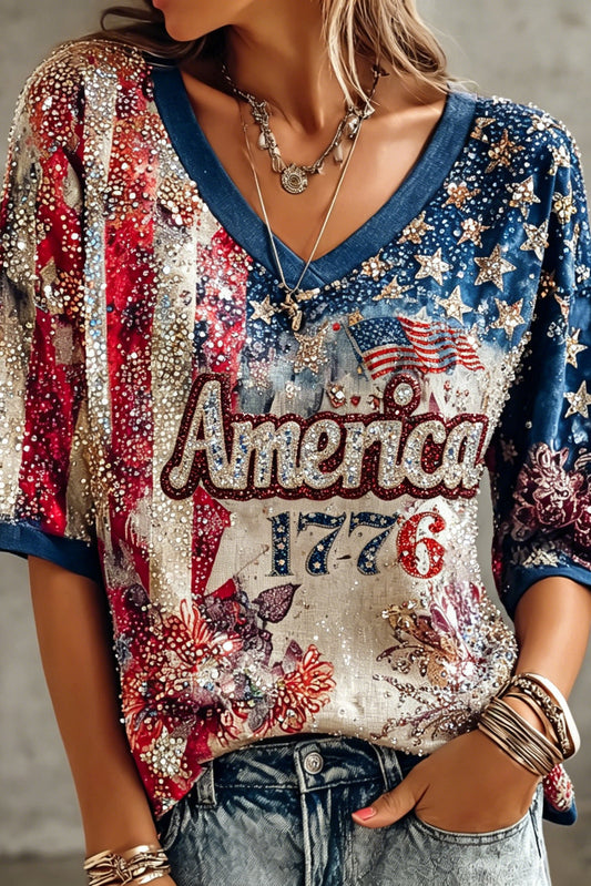 Women's Retro American Flag And Floral Print V-neck T-shirt