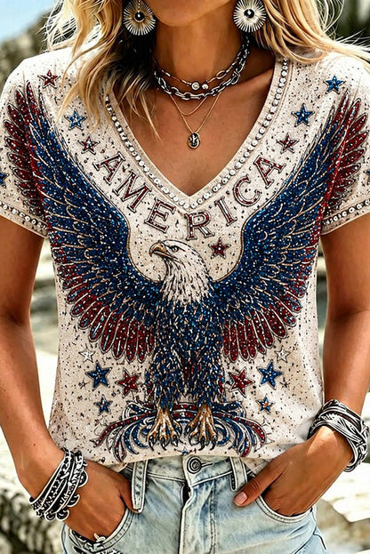 Women's Retro Usa With Eagle Pattern V-neck T-shirt