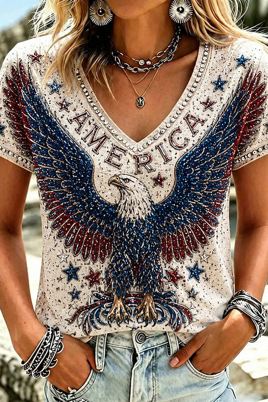 Women's Retro Usa With Eagle Pattern V-neck T-shirt