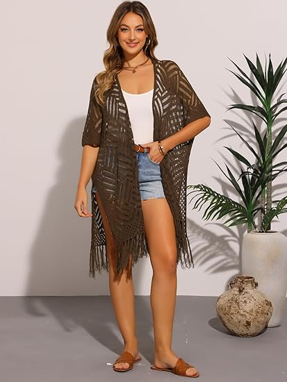 🔥Women’s Oversized Knit Cardigan – Lightweight Crochet Tassel Kimono for Spring & Summer 🌸