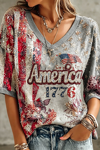 Women's Retro American Flag And Floral Print V-neck T-shirt