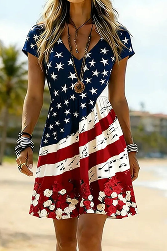 Casual American Five-star Flag Fluttering Colorful Flag V-neck Short Sleeved Dress
