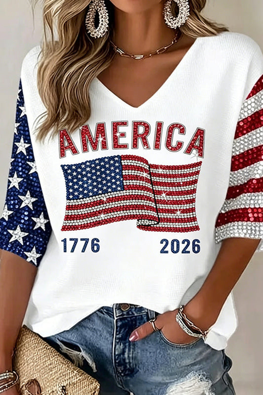 Women's Flag Art Three-quarter Sleeve V Neck Linen Tops