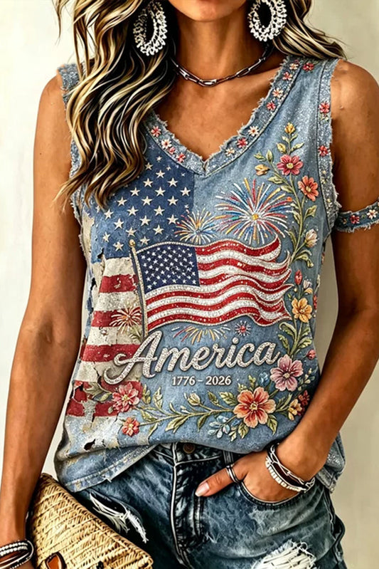 Women's American Anniversary Flag And Floral Art Cotton Linen Sleeveless Top
