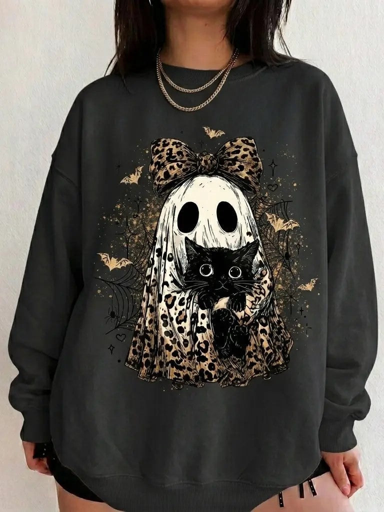 Vintage Halloween Leopard Bow Ghost Black‑Cat Sweatshirt