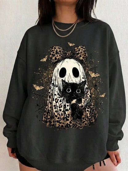 Vintage Halloween Leopard Bow Ghost Black‑Cat Sweatshirt