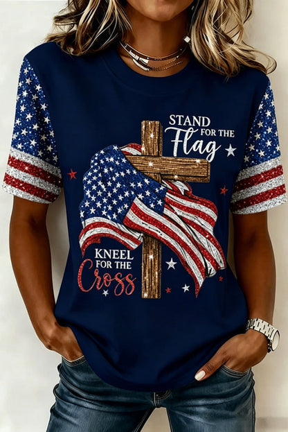 Women's Independence Day Faith Flag Print Crew Neck Short Sleeve T-shirt